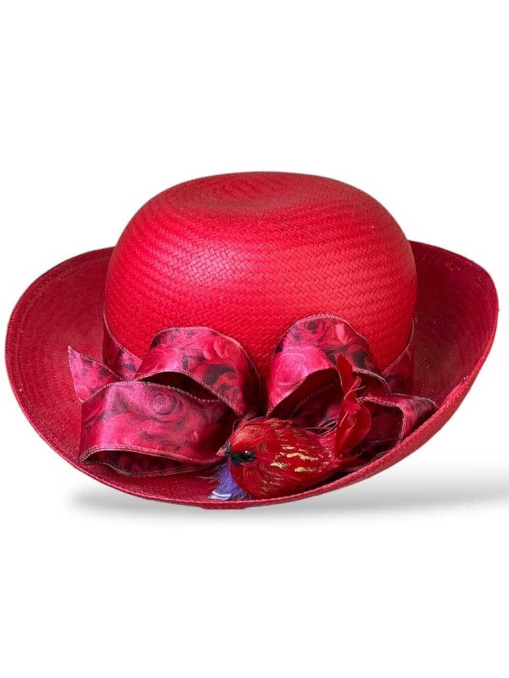 Vintage Red Straw Church Derby Hat Embellished Ribbon Red Bird Adult OS 1980’s - Picture 15 of 15
